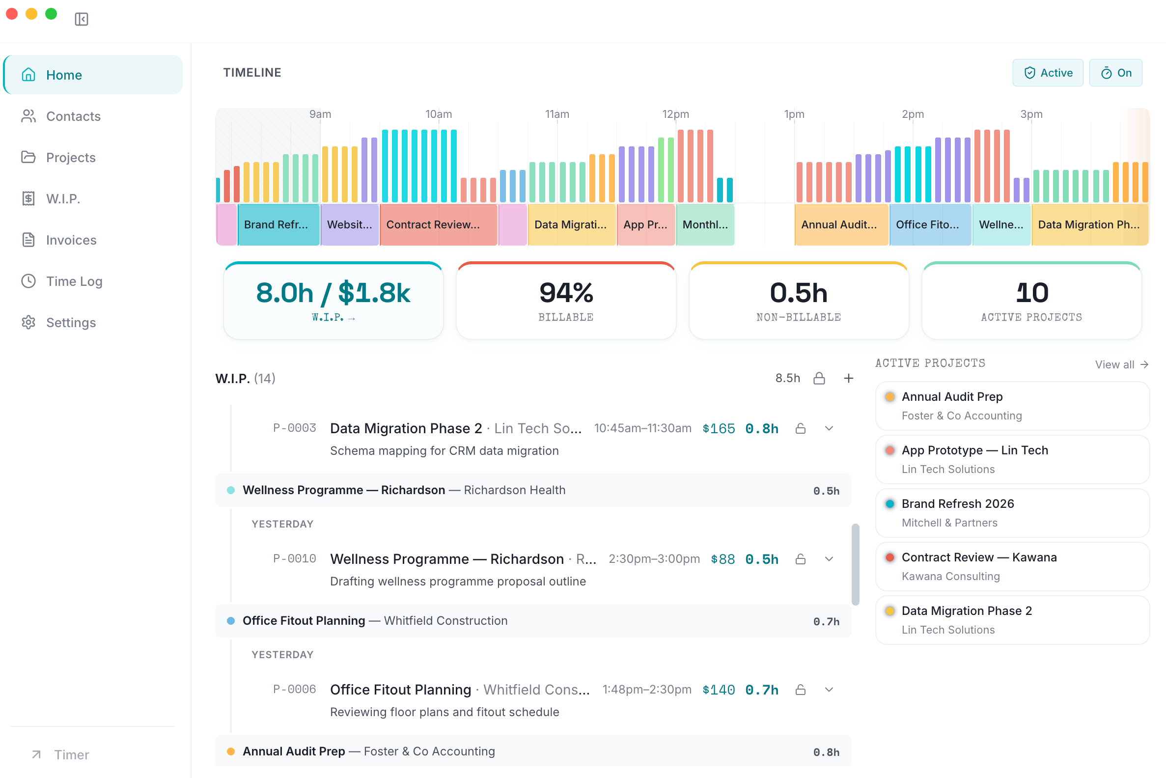 Good Minutes app interface showing timeline, projects, and time tracking